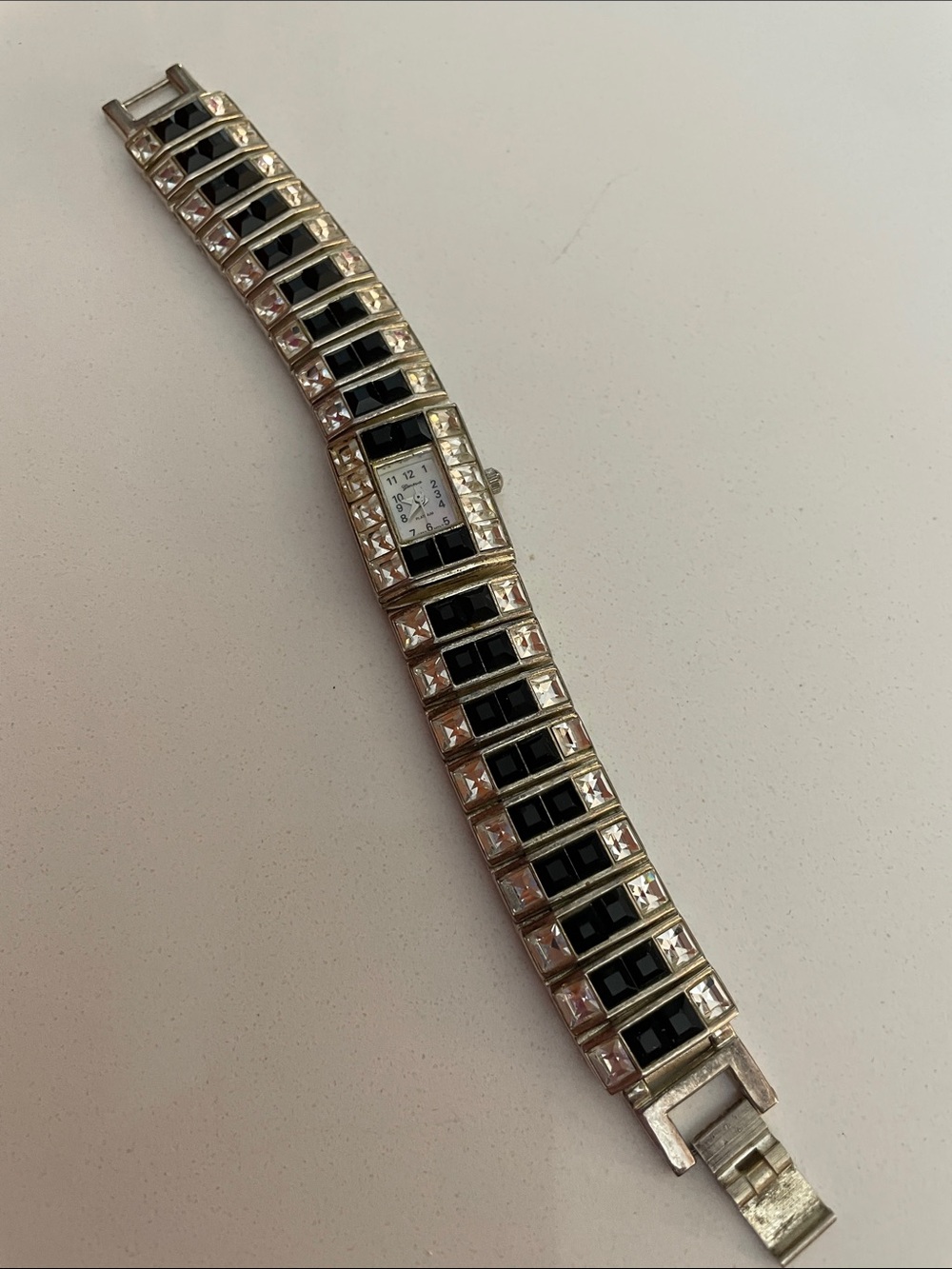 Geneva Platinum Vintage Silver Bracelet Watch with Black Accents